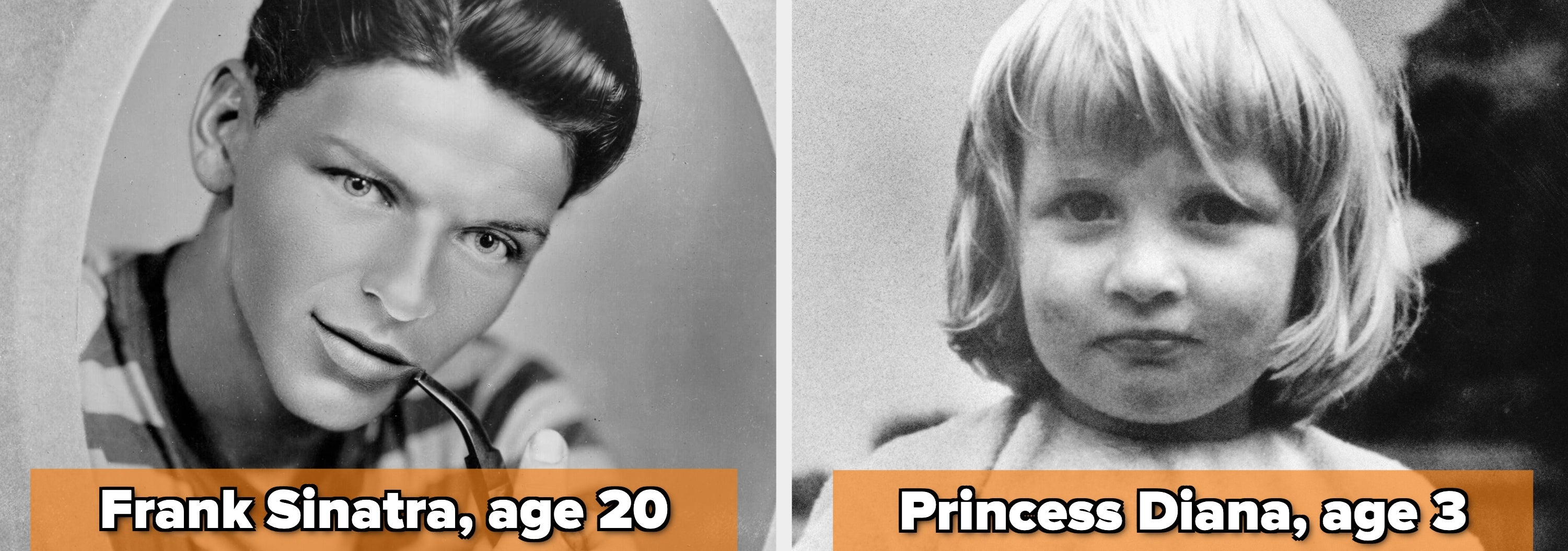 Young man with a pipe; text labels "Frank Sinatra, age 20" and "Princess Diana, age 3" beside a toddler