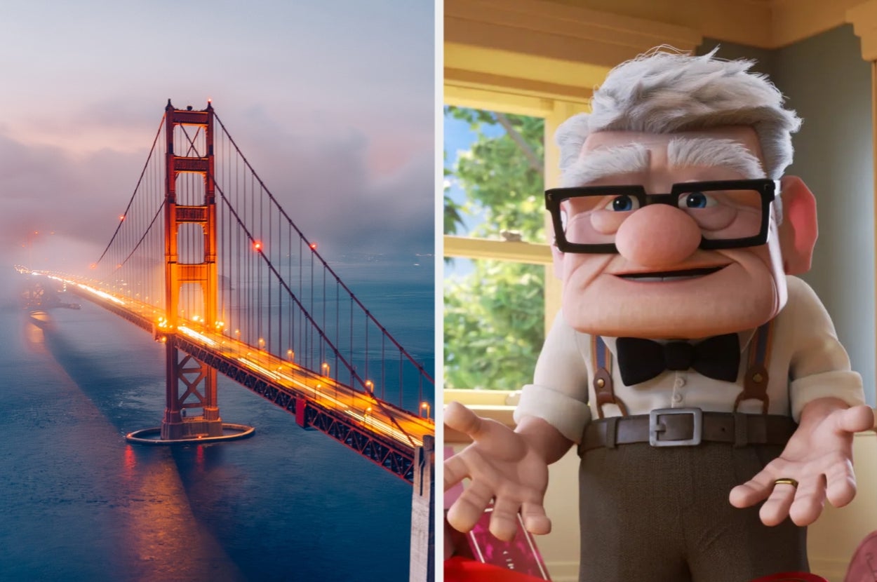 Split image: Golden Gate Bridge at dawn; animated elderly man with a bow tie and suspenders indoors