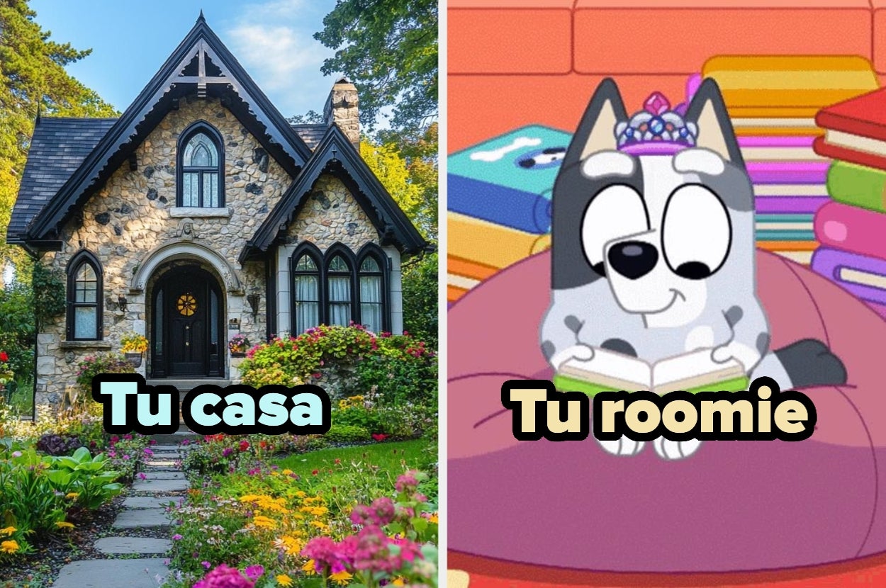 Casa pintoresca a la izquierda; dibujo de un perro leyendo a la derecha. Texto: "Tu casa" y "Tu roomie"
