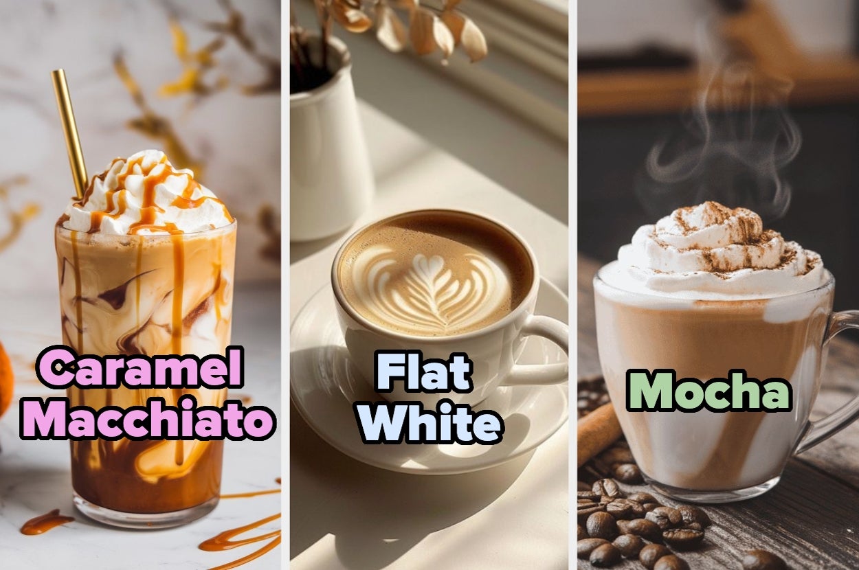 Three coffee drinks with captions: Caramel Macchiato, Flat White, and Mocha, each on a separate panel, showcasing their distinct presentation styles