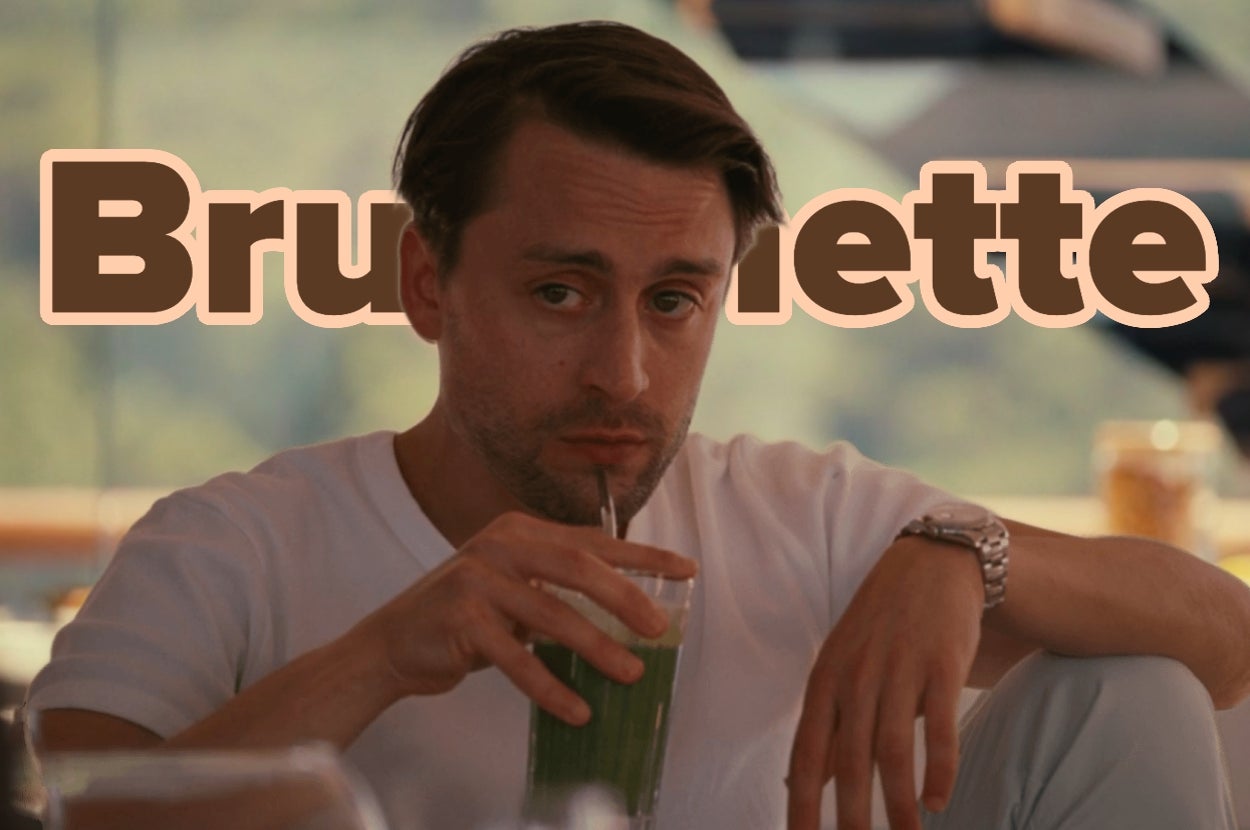 Kieran Culkin sipping a green drink through a straw with "Brunette" text above