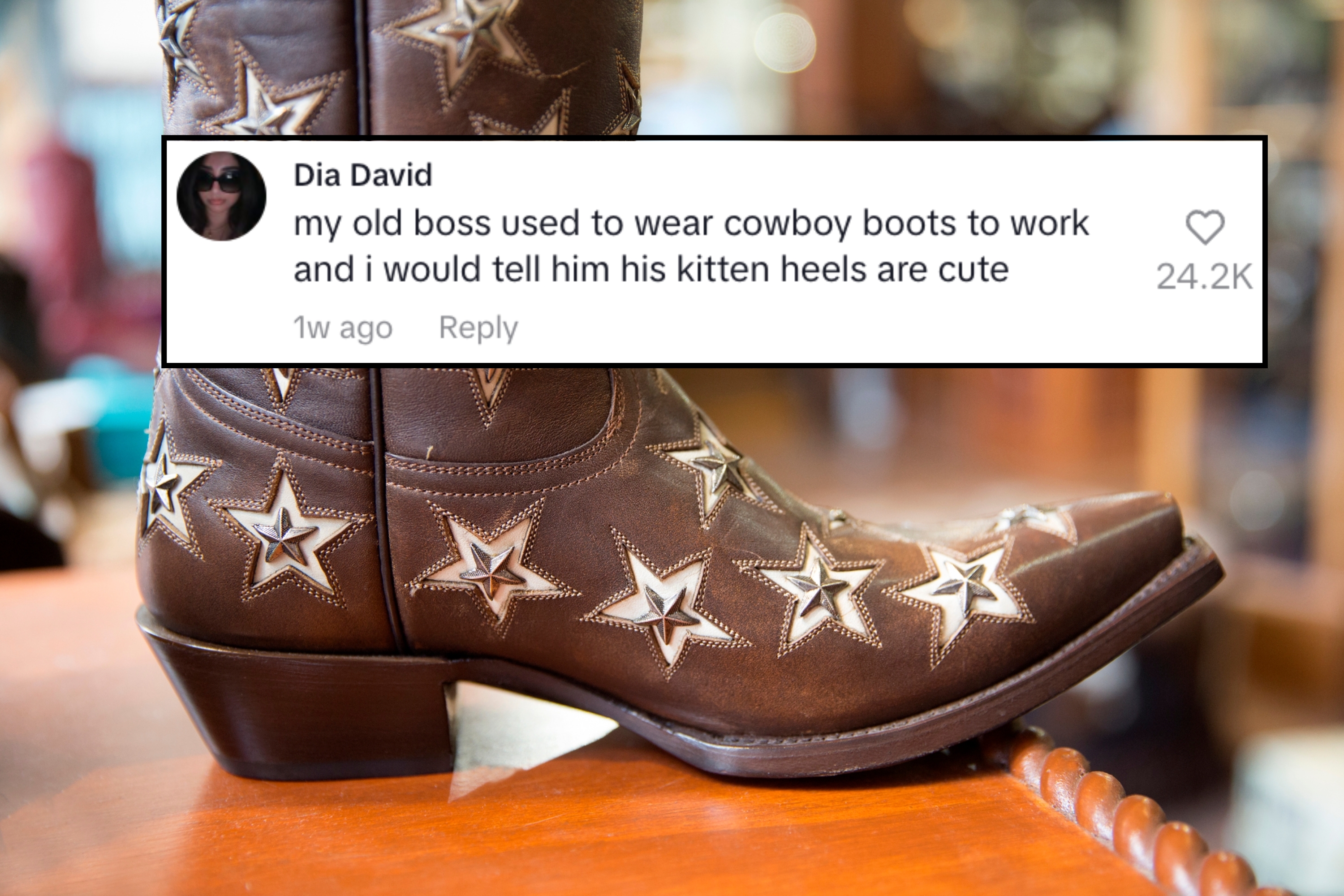 En skinn cowboy -støvel med stjernedesign på siden, hviler på en treoverflate