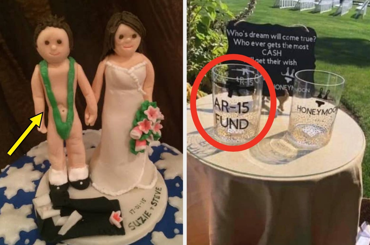 Wedding cake topper showing groom in a humorous outfit next to bride; table with jars labeled "AR-15 Fund" and "Honeymoon" for contributions
