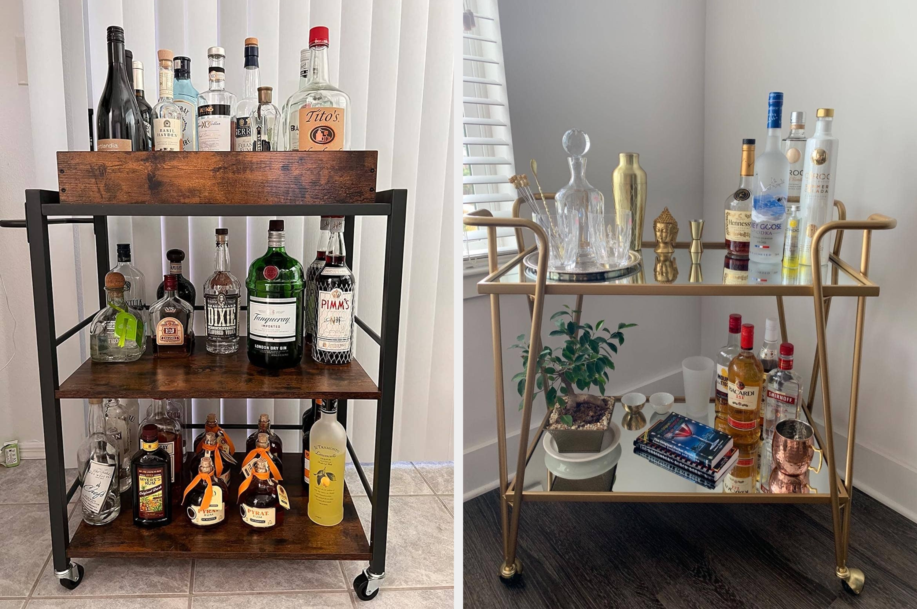 Two home bar carts with assorted liquor bottles and glassware, including vodka, tequila, and whiskey, under natural lighting