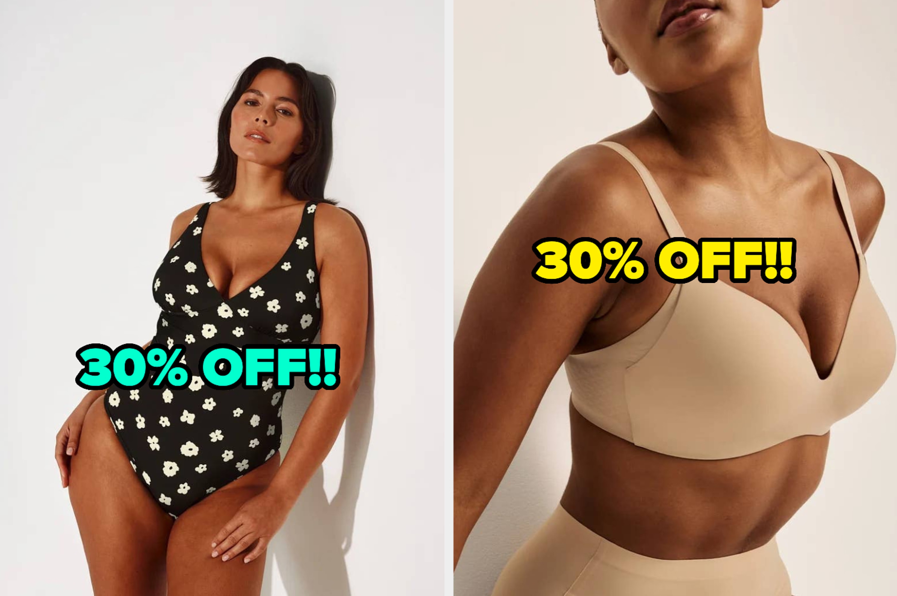 Model in a strapless one-piece swimsuit, showcasing tattooed arms, poses confidently