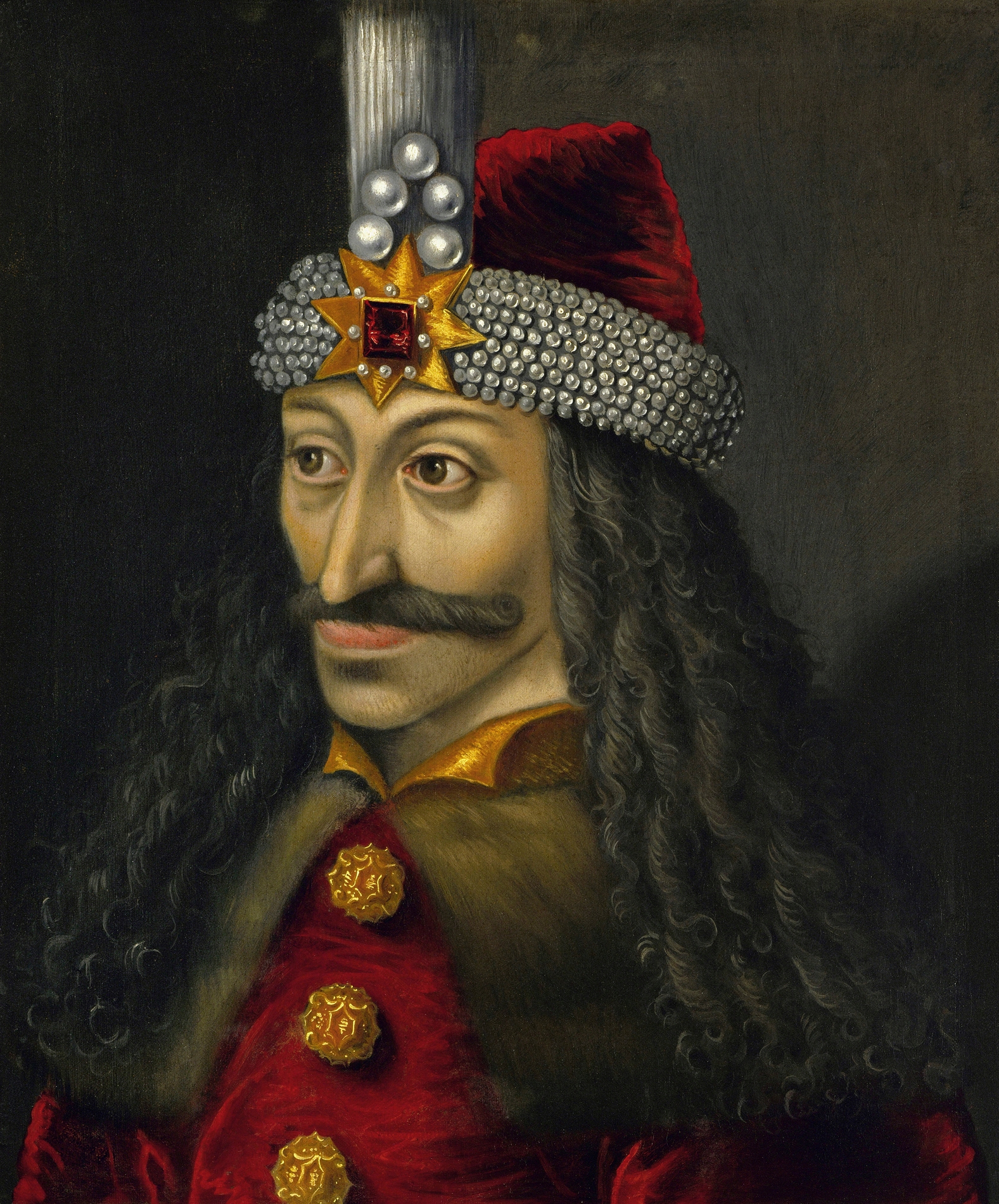 Portrait of a man in regal attire with a jeweled hat, distinctive facial hair, and ornate clothing