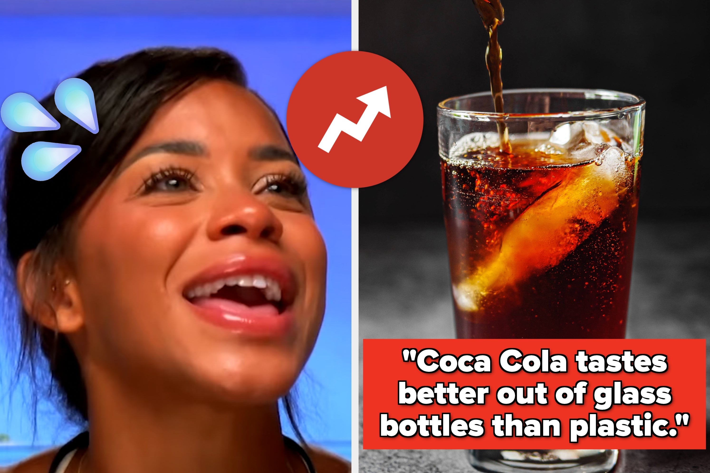 Woman smiling next to image of a glass of cola with ice; meme text reads, “Coca Cola tastes better out of glass bottles than plastic.”