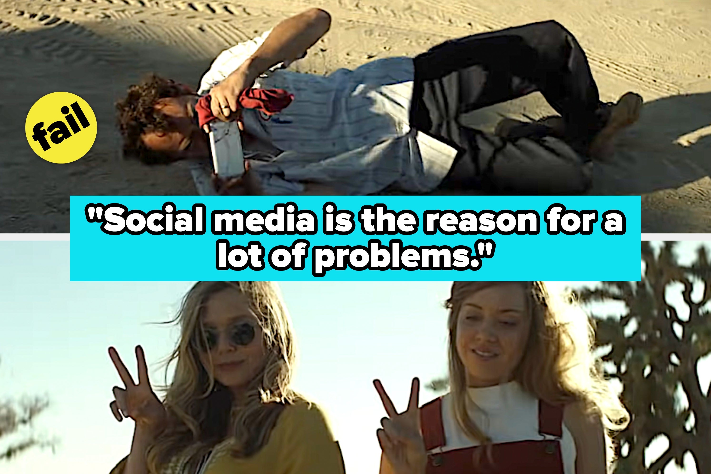 Two people pose with peace signs below a quote, "Social media is the reason for a lot of problems." A man with a retro camera lies on sand