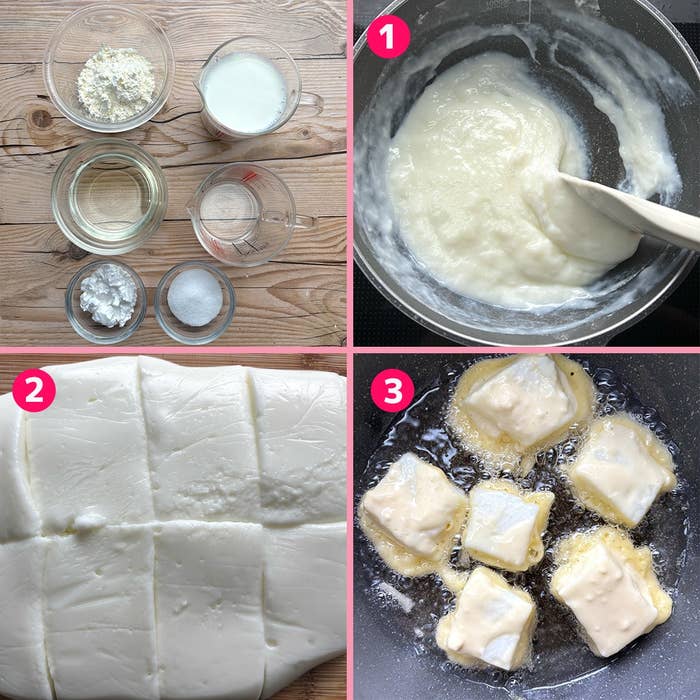 4つの手順でチーズを作る。牛乳、砂糖、片栗粉を混ぜ、固め、切り分け、揚げる。