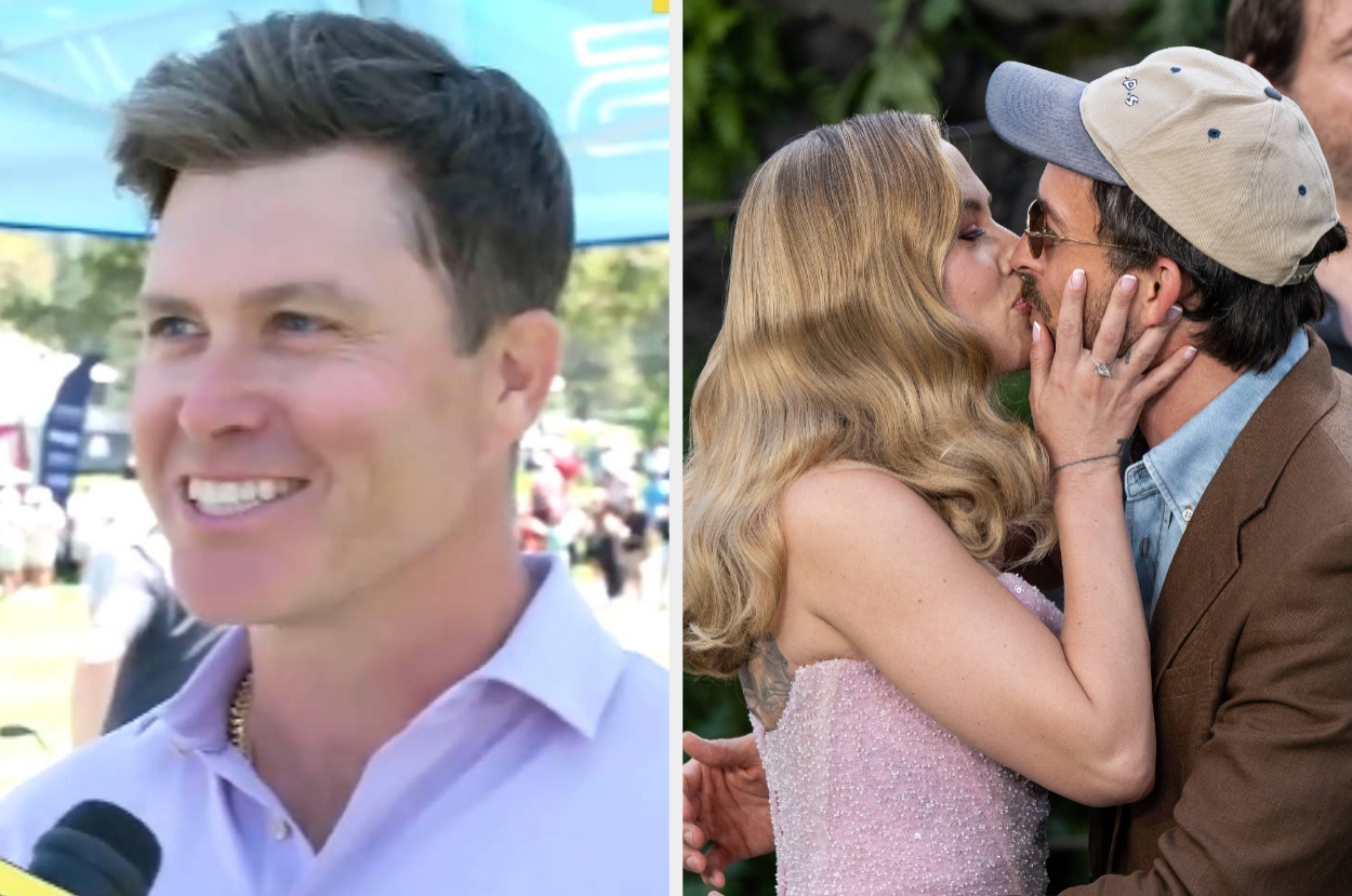 Left: Colin Jost being interviewed outdoors. Right: Scarlett Johansson kissing Jonathan Bailey on a red carpet