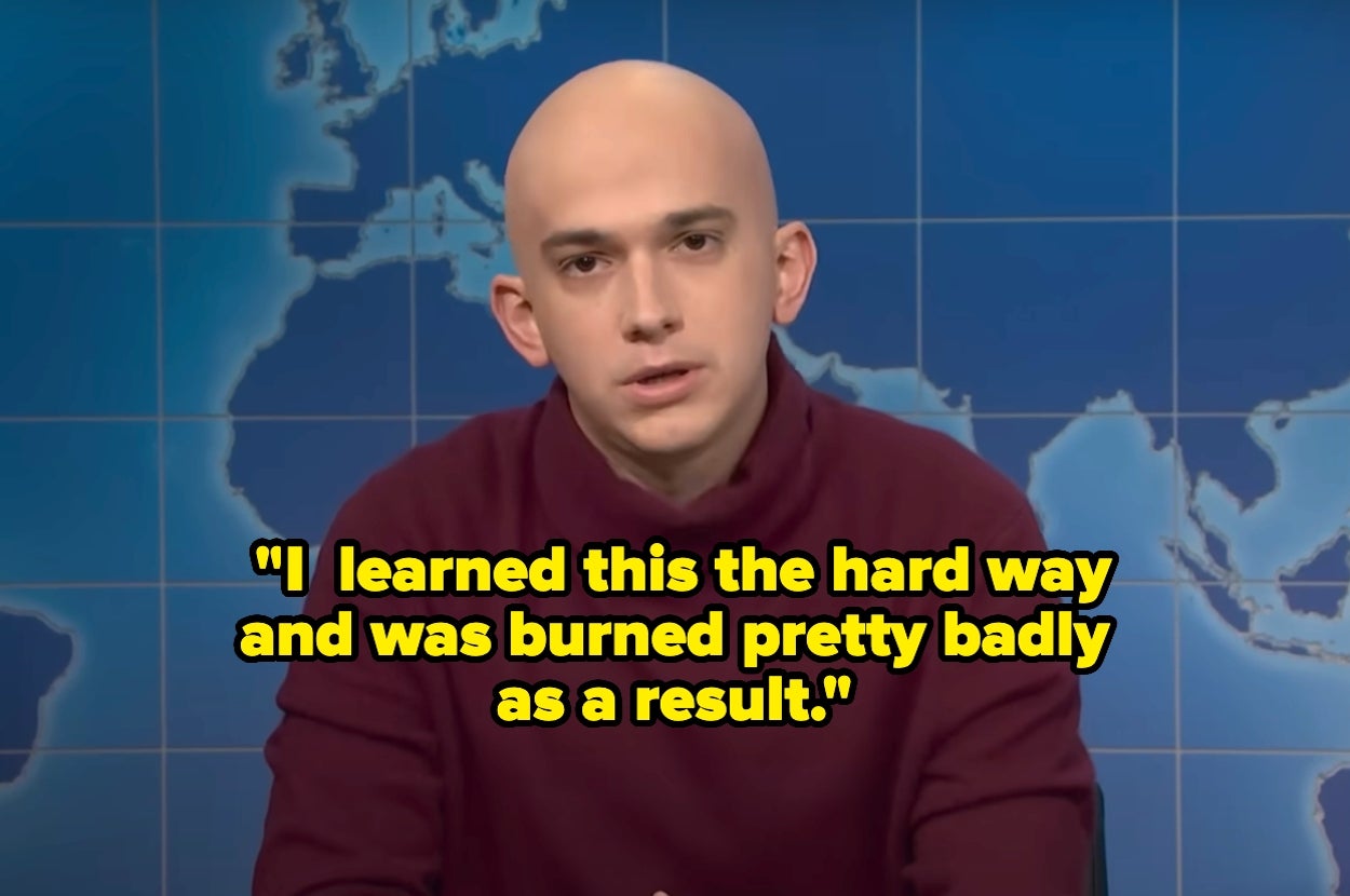 Person on a set resembling a news broadcast, with the quote: "I learned this the hard way and was burned pretty badly as a result."