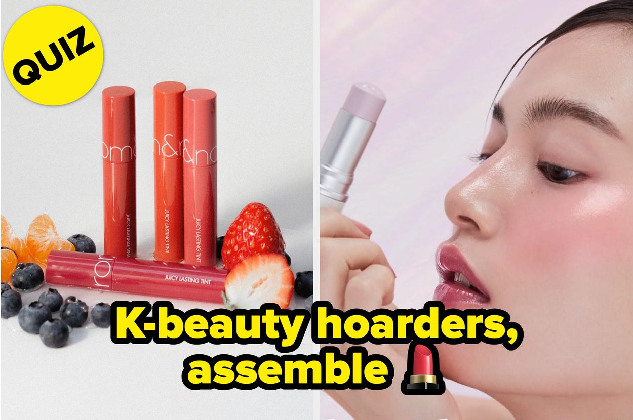 Left: Lip products with fruit, "QUIZ" label. Right: Person applying lipstick. Text: "Can you swatch it right?"
