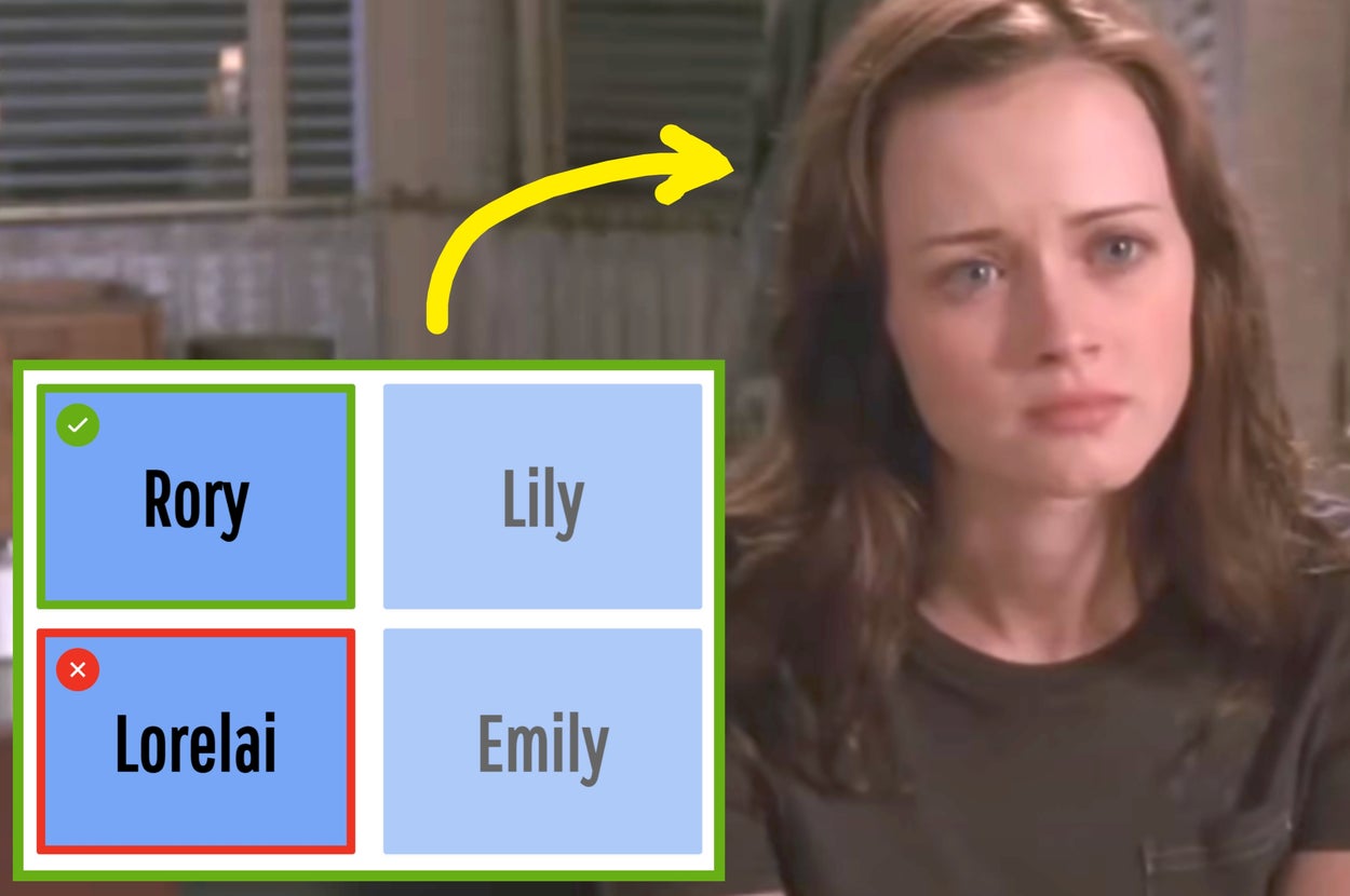 Woman outdoors with windblown hair next to a quiz graphic with correct answer "Rory" and incorrect answer "Lorelai."