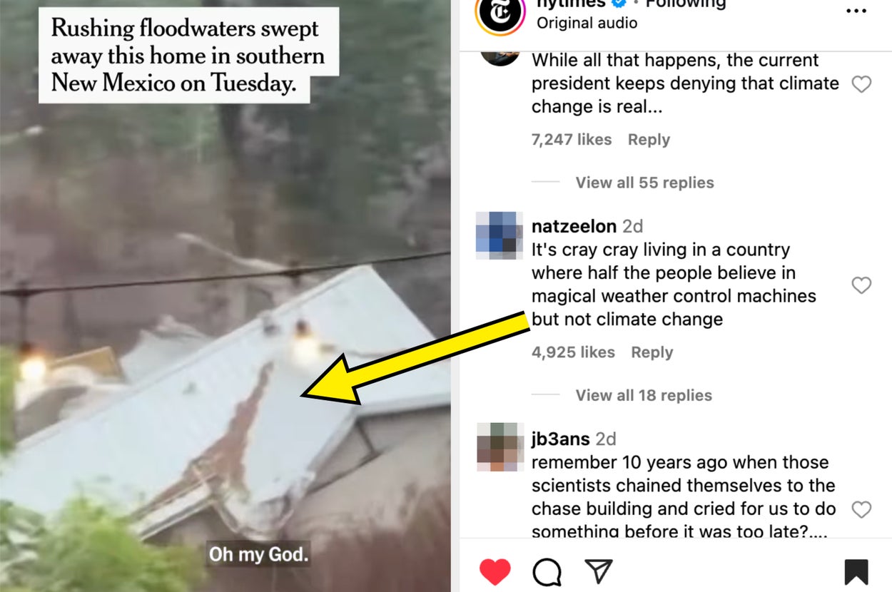 Video still of floodwaters hitting a home in New Mexico on Tuesday, with social media comments discussing climate change impacts in the US