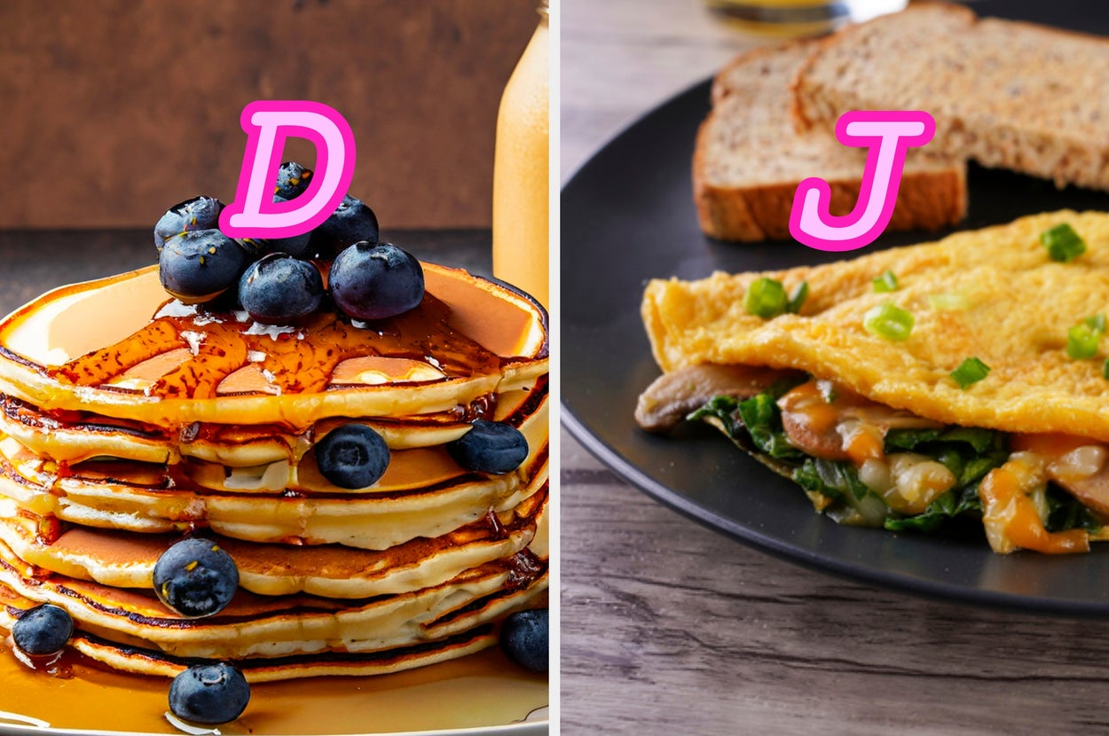 Stack of pancakes with blueberries on the left labeled "Yes"; omelet with toast on the right labeled "No."
