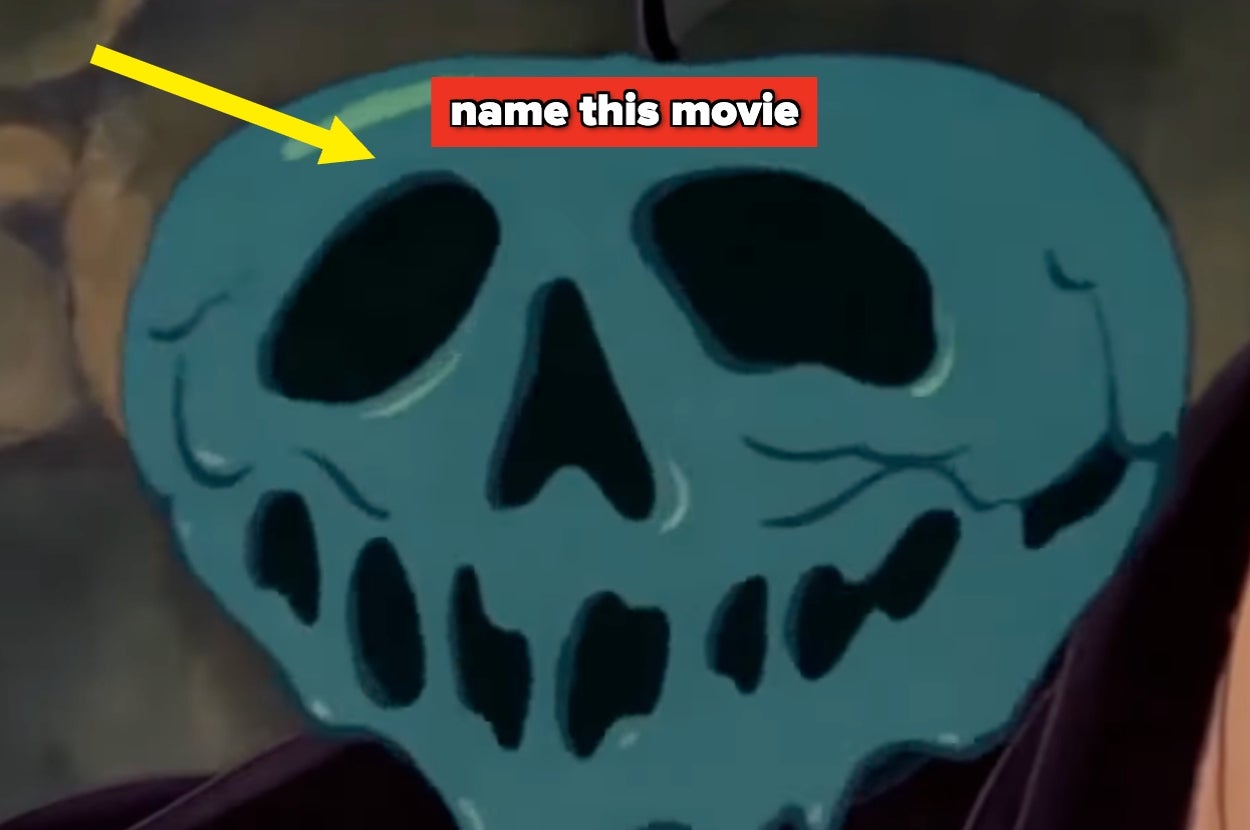 A poison apple. Text: "name this movie" with a yellow arrow pointing at the apple.