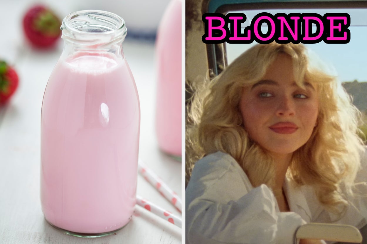On the left, a bottle of strawberry milk, and on the right, Sabrina Carpenter smiling softly in the Manchild music video with blonde typed above her head