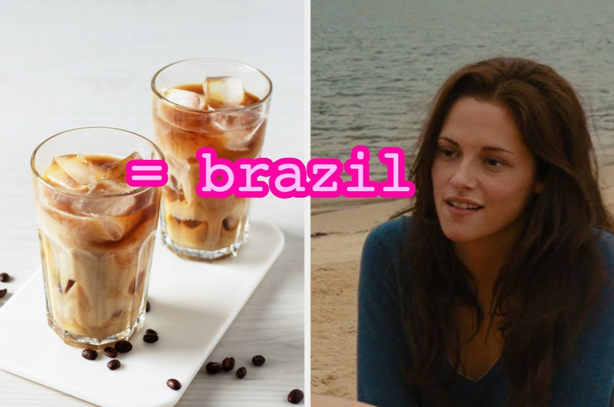 Two cold brew coffee glasses; woman at beach. Text: "brazil."