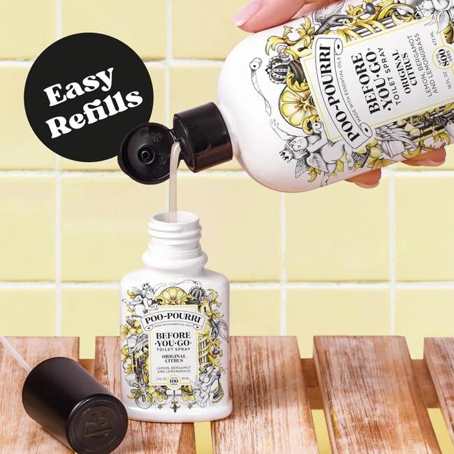 Poo-Pourri refill being poured into a smaller bottle, highlighting casual refills for the bath odor eliminator