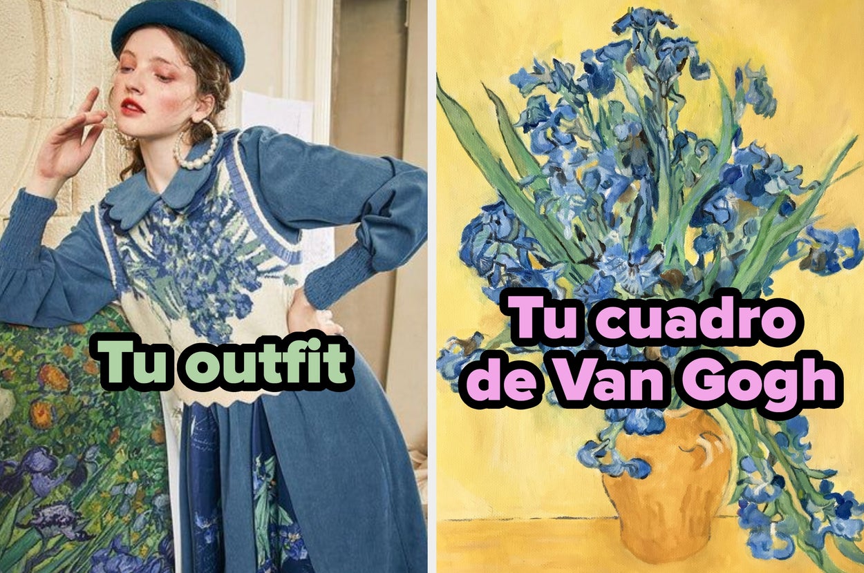 Modelo vestida en estilo vintage posando junto a un cuadro de iris en un jarrón. Texto: "Tu outfit" y "Tu pintura"
