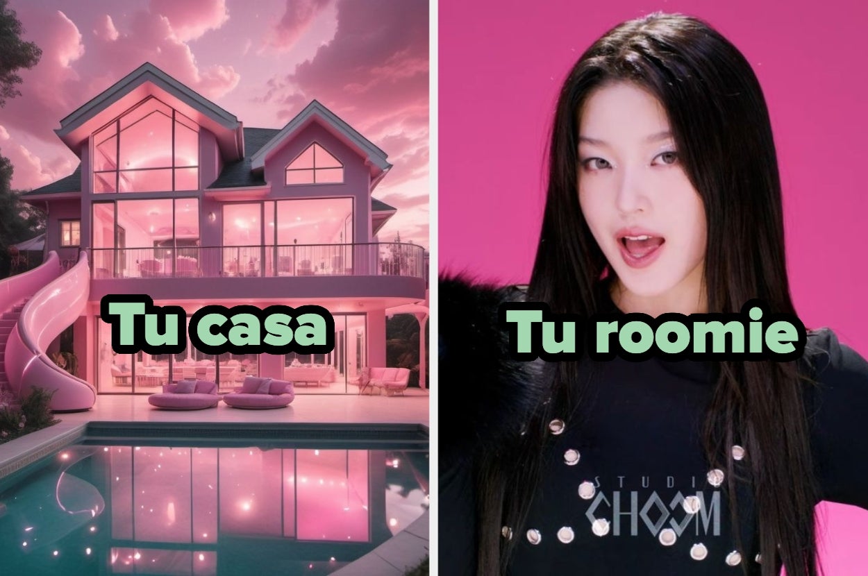 División de imagen: casa moderna y elegante a la izquierda, persona posando al estilo de un idol a la derecha. Texto: "Tu casa", "Tu roomie"