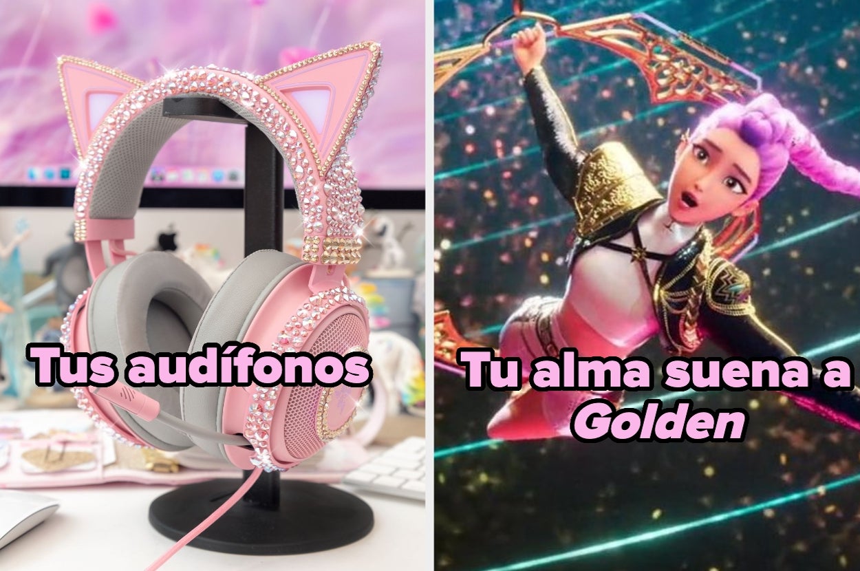 Auriculares decorados a la izquierda; a la derecha, imagen de estilo animado con texto humorístico relacionado