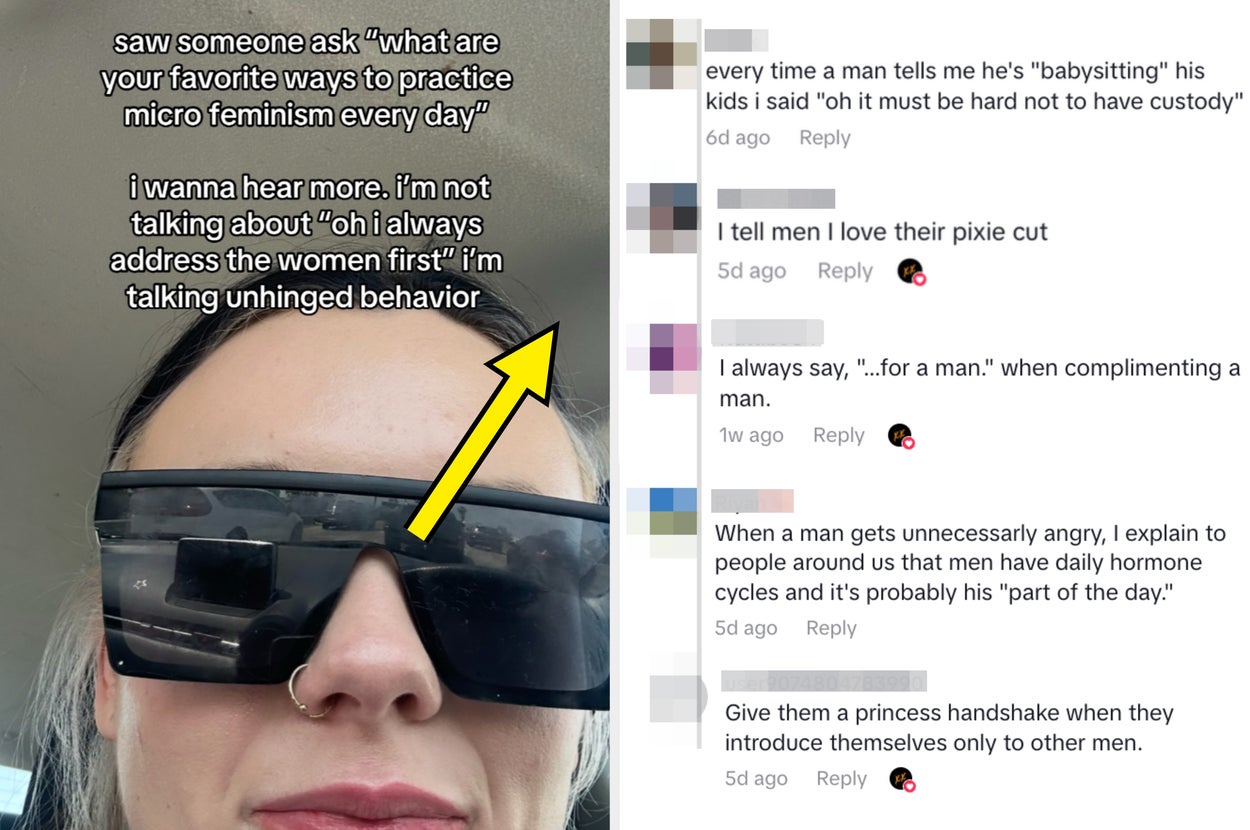 A person wearing large sunglasses with TikTok-style comments on feminism, parenting, and addressing men creatively