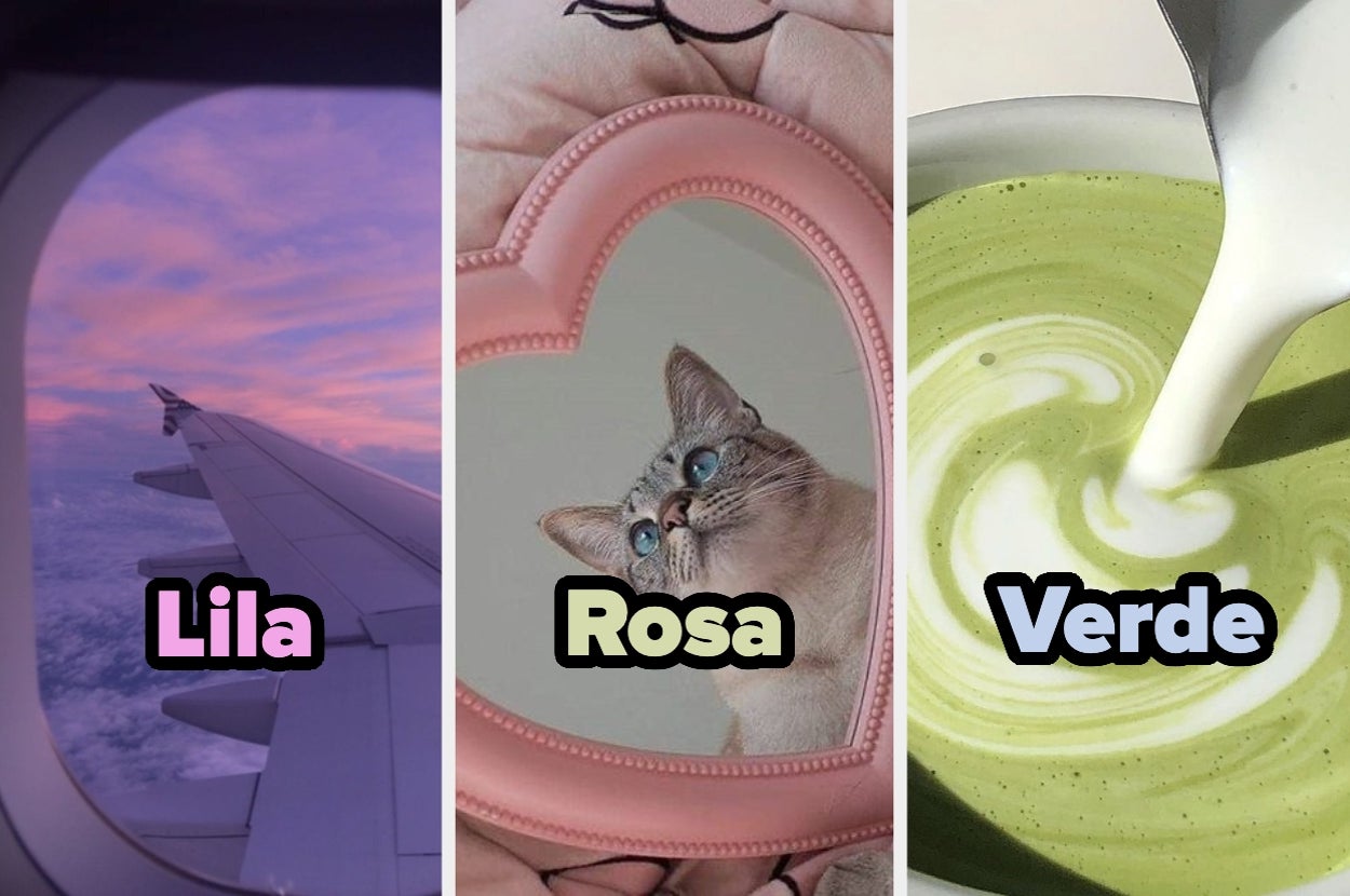 Imagen dividida en tres partes: cielo desde una ventana de avión, un gato visto a través de un espejo en forma de corazón, y bebida verde con leche