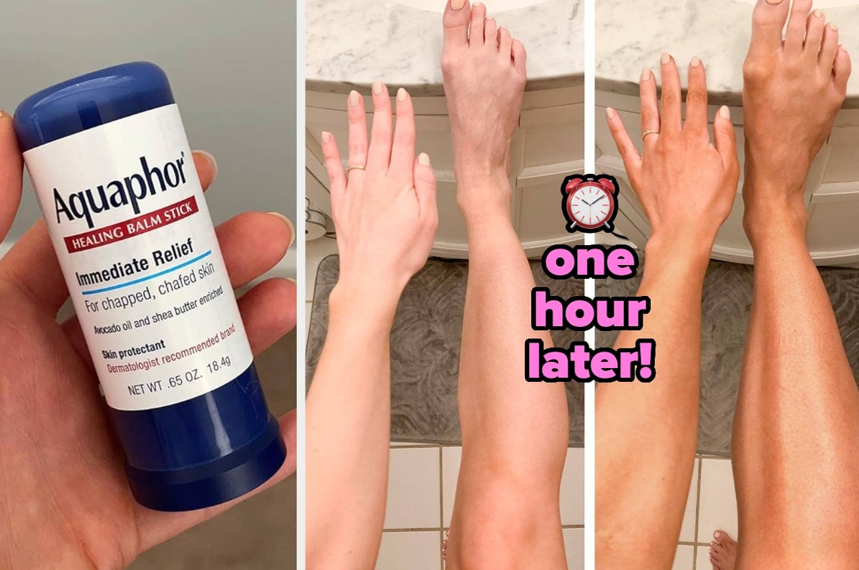 Aquaphor Healing Balm Stick beside before-and-after arm and leg shots, showing improved skin hydration after one hour