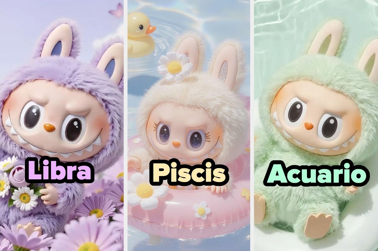 Tres muñecos con orejas de conejo, rotulados como Libra, Piscis y Acuario, con accesorios temáticos alrededor