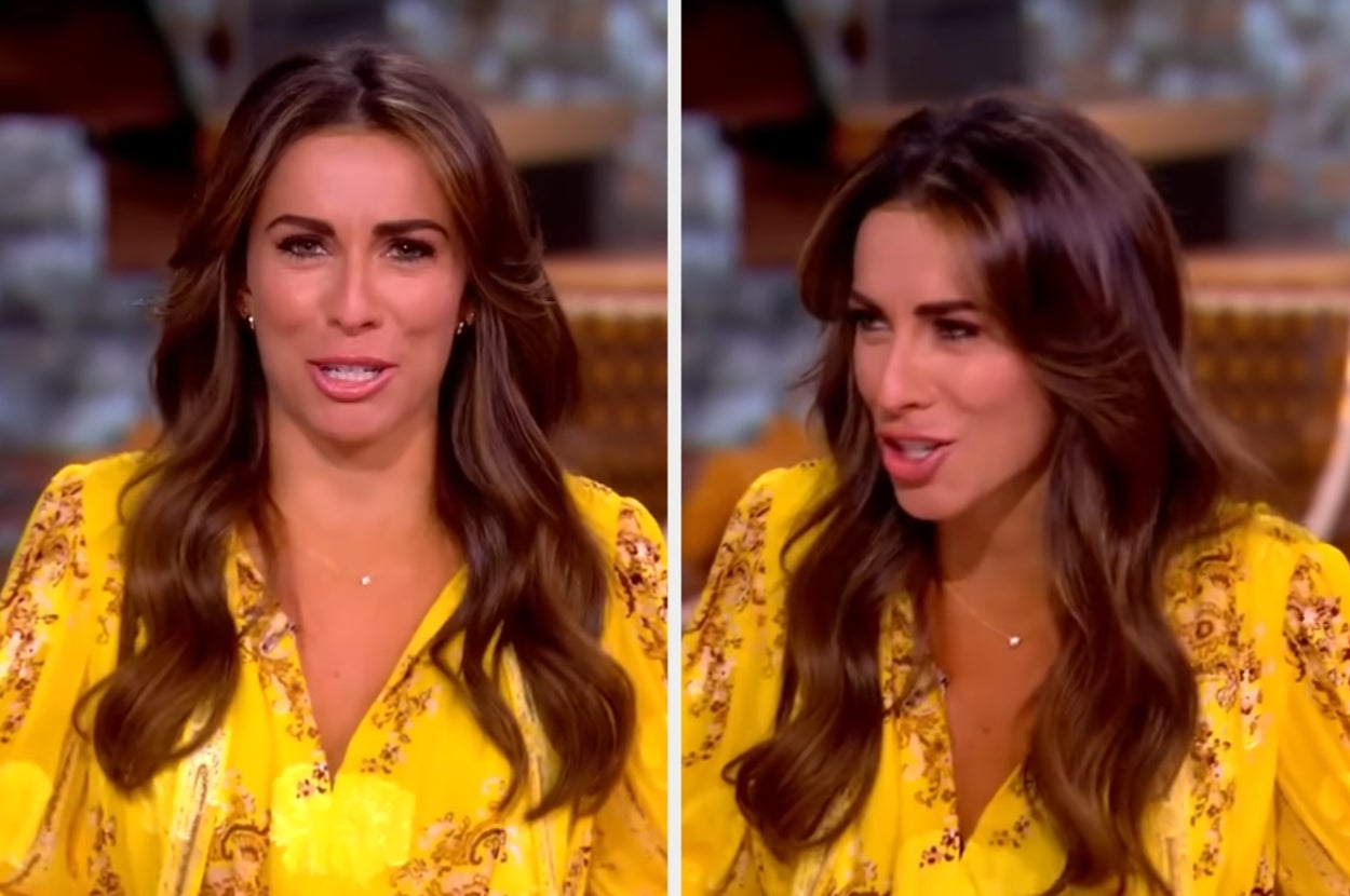 Person in a yellow floral dress speaking animatedly, appearing to be on a talk show set