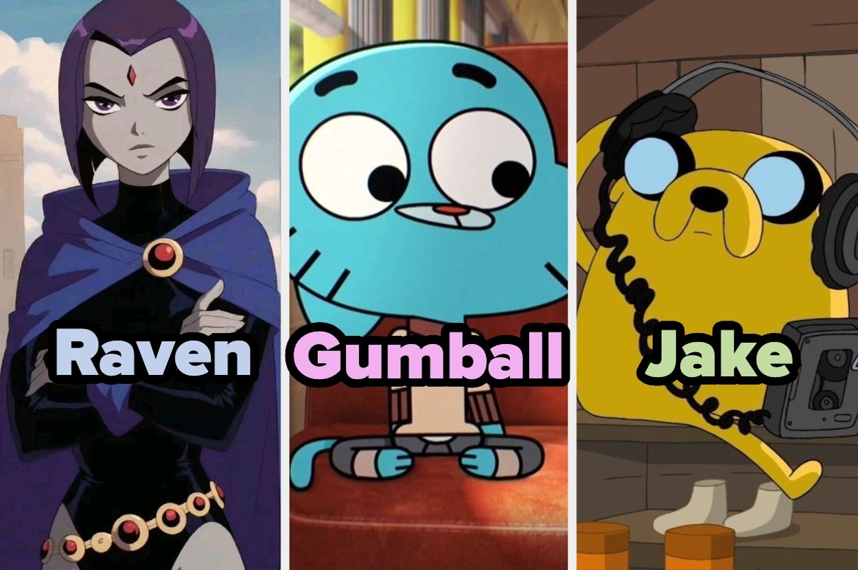 Animated characters Raven, Gumball, and Jake stand with their names written below each