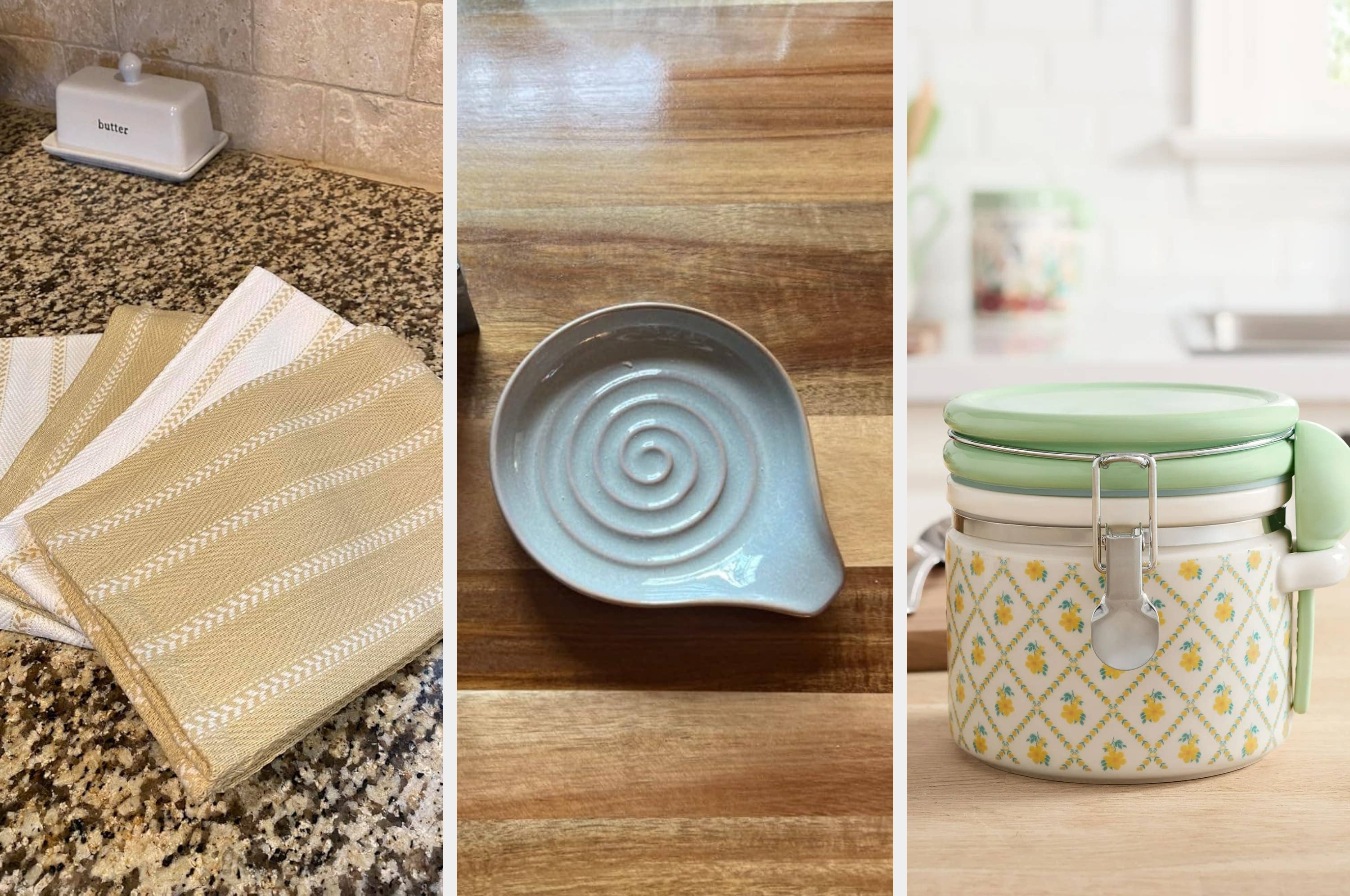 A wooden cutting board with a coffee cup and saucer on it on the left; folded kitchen towels on a granite countertop on the right