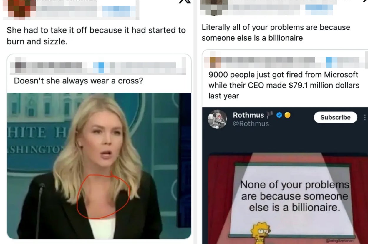 Collage of social media posts: Discussion about a person removing a cross, criticism of billionaires as a source of problems, and job cuts at Microsoft