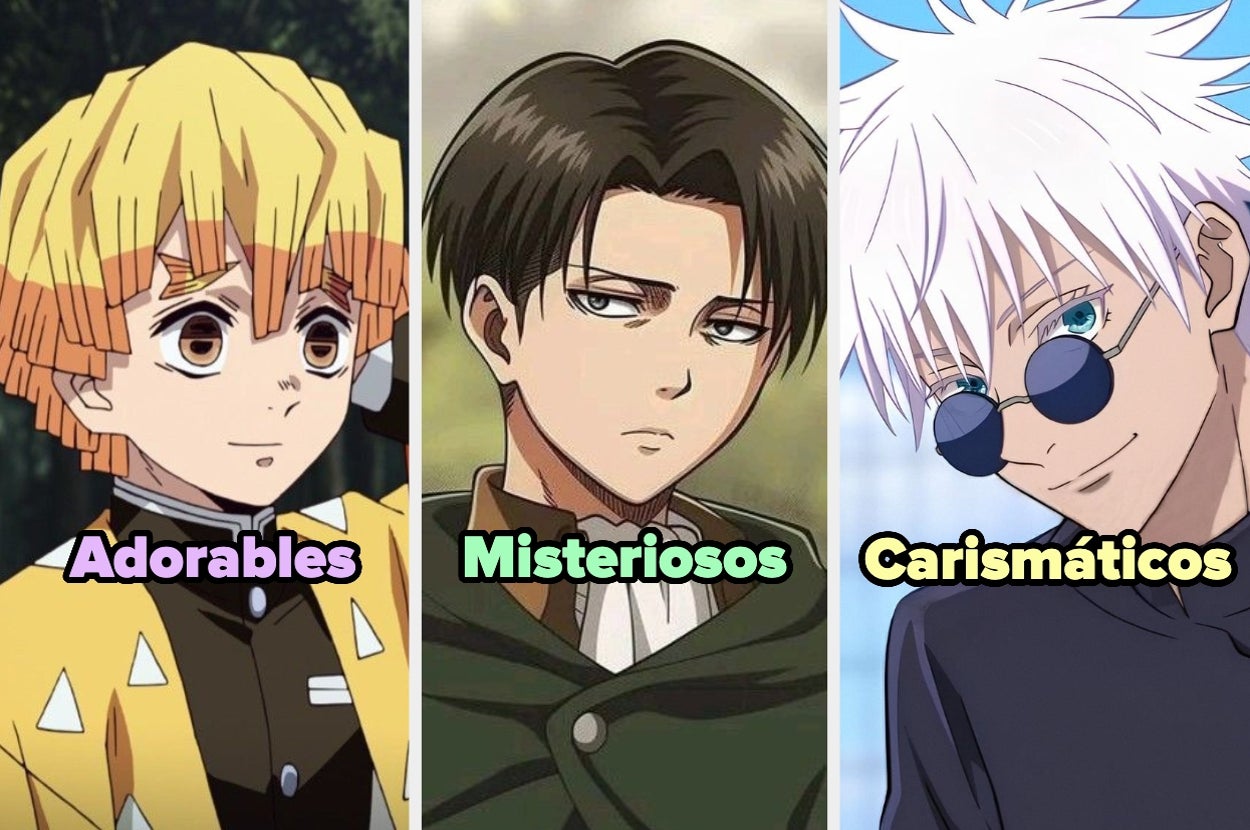 Tres personajes de anime con estilos diferentes: uno con un aspecto adorable, otro misterioso y otro carismático. Texto: Adorables, Misteriosos, Carismáticos