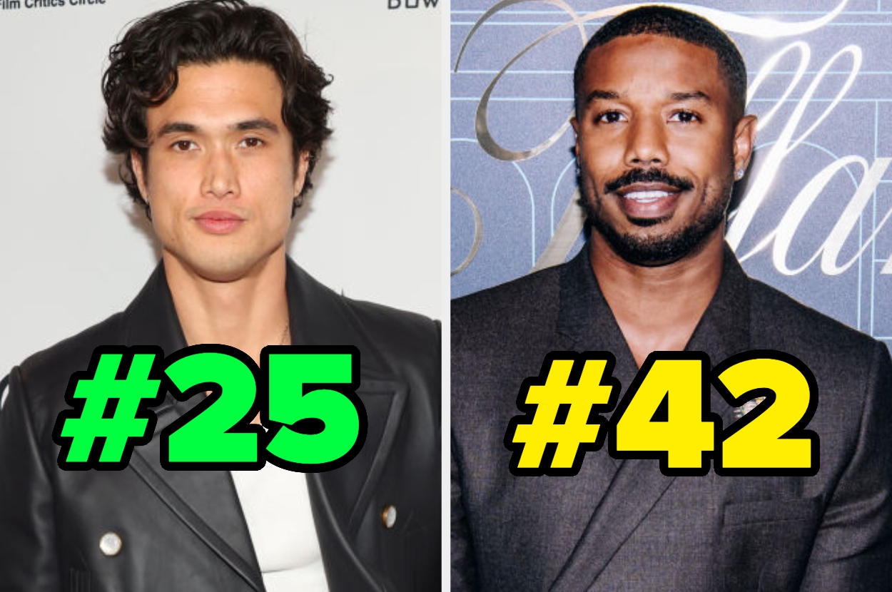 Two individuals side by side, labeled with large numbers: #25 and #42. Both wear stylish outfits; one in a leather jacket, the other in a suit