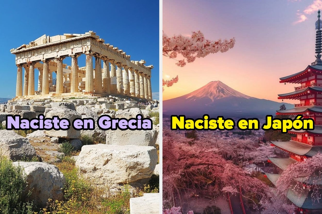 Imagen dividida: a la izquierda, el Partenón con texto "Naciste en Grecia"; a la derecha, paisaje japonés con texto "Naciste en Japón"