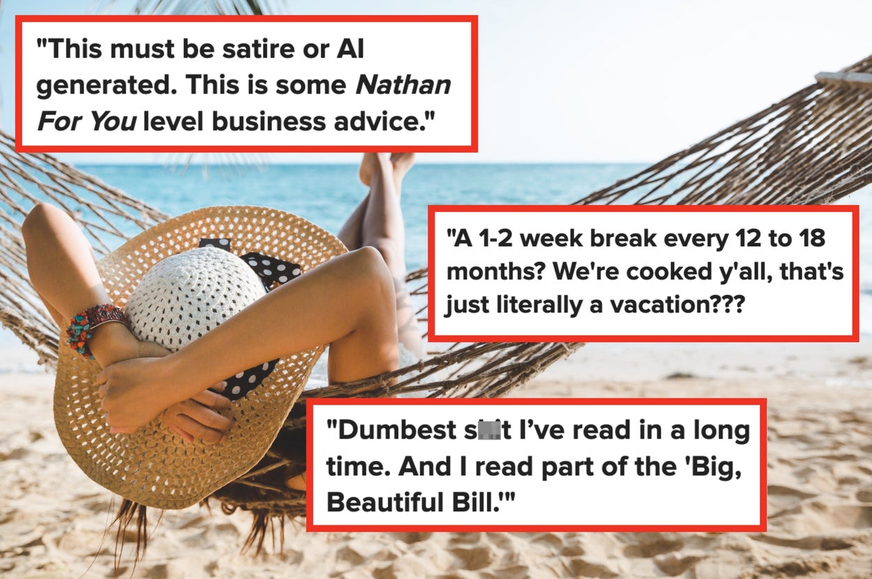 Beach scene with overlayed comments expressing skepticism, humorously critiquing unusual business advice