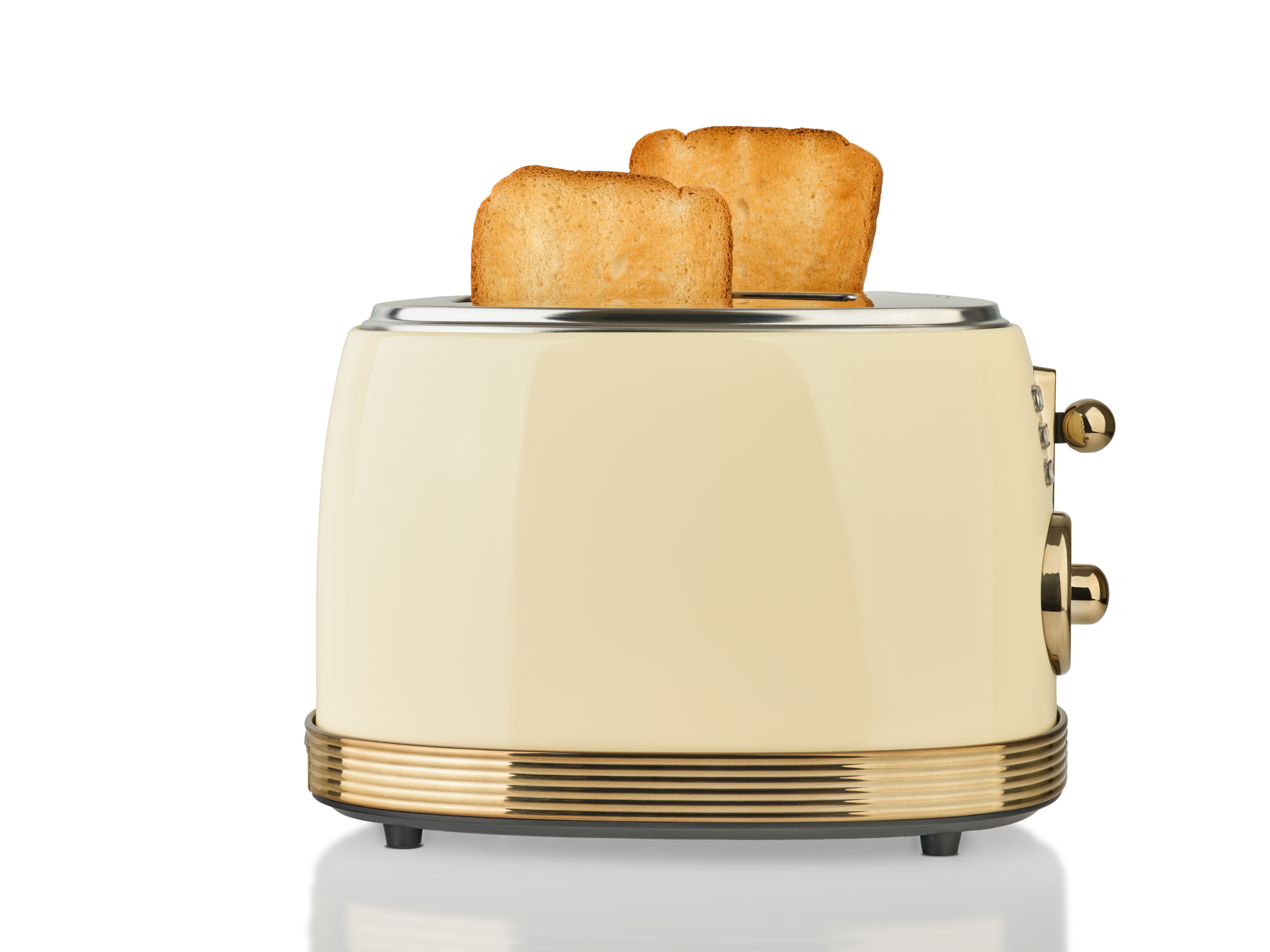 A vintage-style toaster with two slices of bread popping up