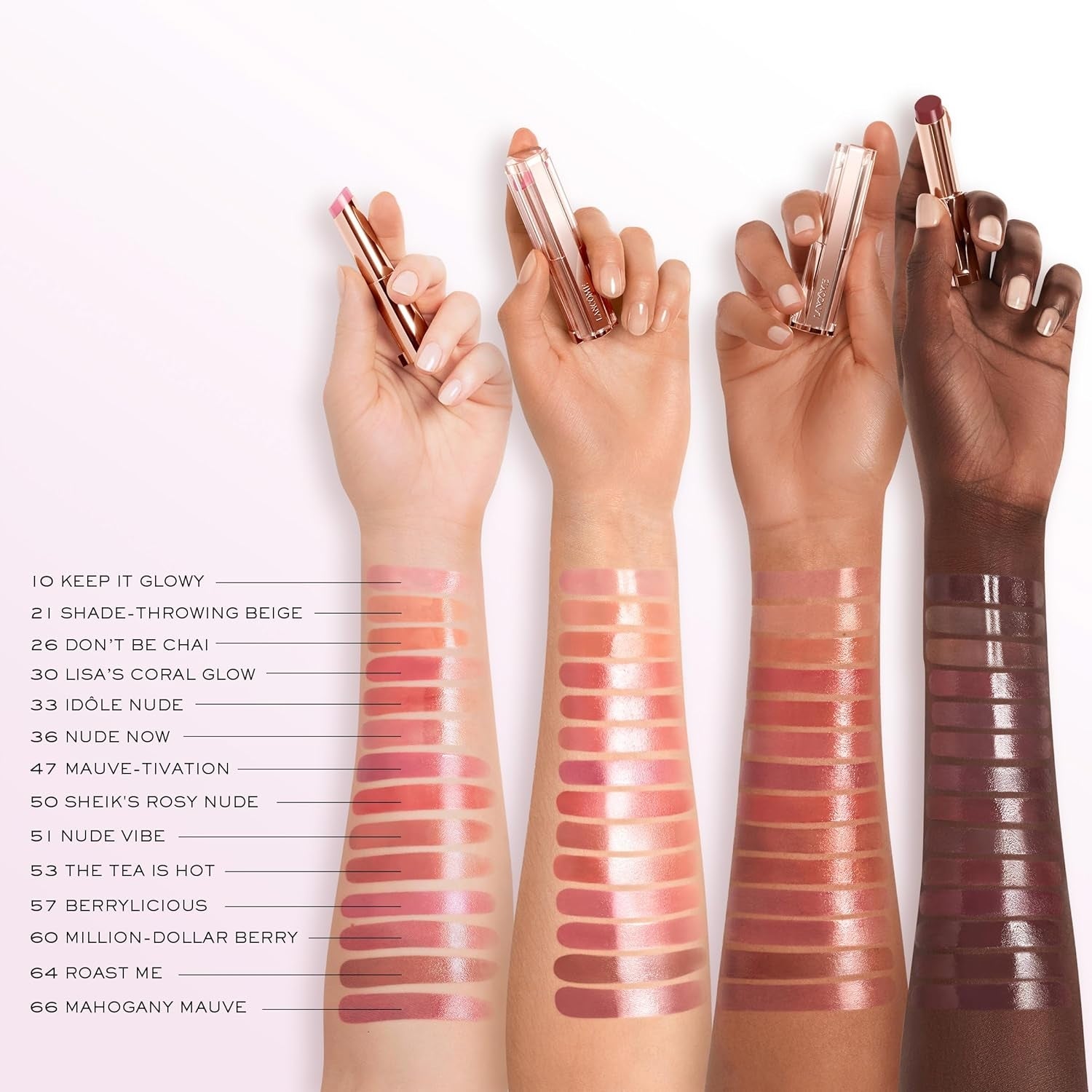 Four hands holding lipsticks show  swatches connected  their arms, showcasing a scope  of lipstick shades labeled with names