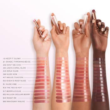 Four hands holding lipsticks show swatches connected their arms, showcasing a scope of lipstick shades labeled with names