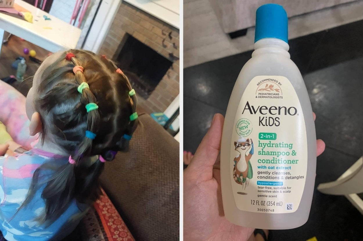 Child with colorful braided hair and a hand holding Aveeno Kids 2-in-1 hydrating shampoo & conditioner