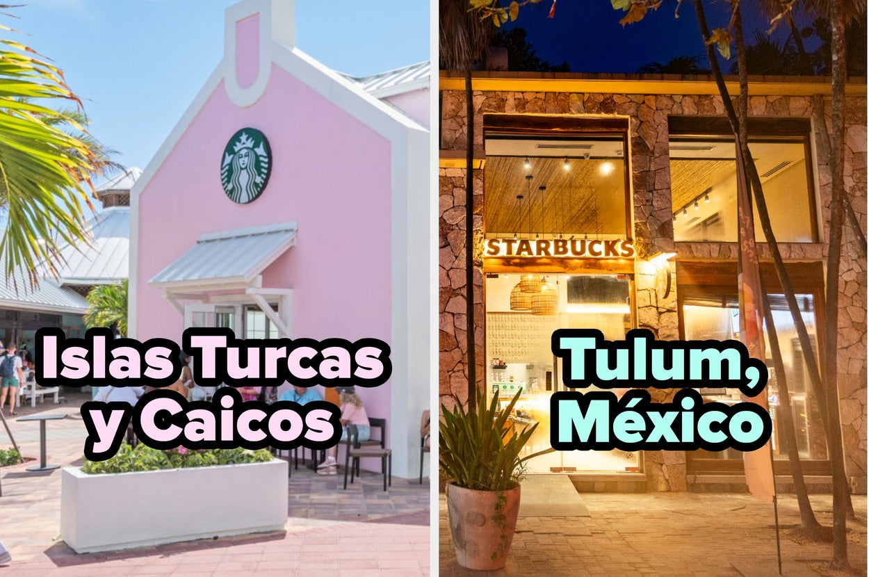 A la izquierda, una tienda Starbucks en un edificio clásico. A la derecha, un Starbucks en Tulum, México, con una fachada rústica de piedra