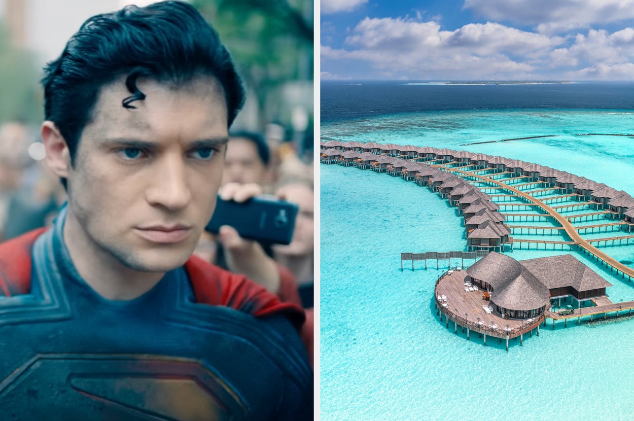 On the left, a man in a fictional superhero costume. On the right, overwater bungalows on a turquoise ocean