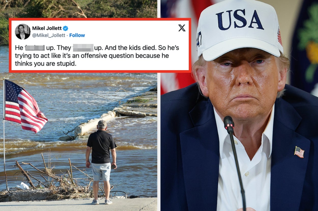 Left: Person looking at flooding with a U.S. flag. Right: Man wearing a USA cap. Overlay: Tweet about a mishandled crisis and its tragic consequences