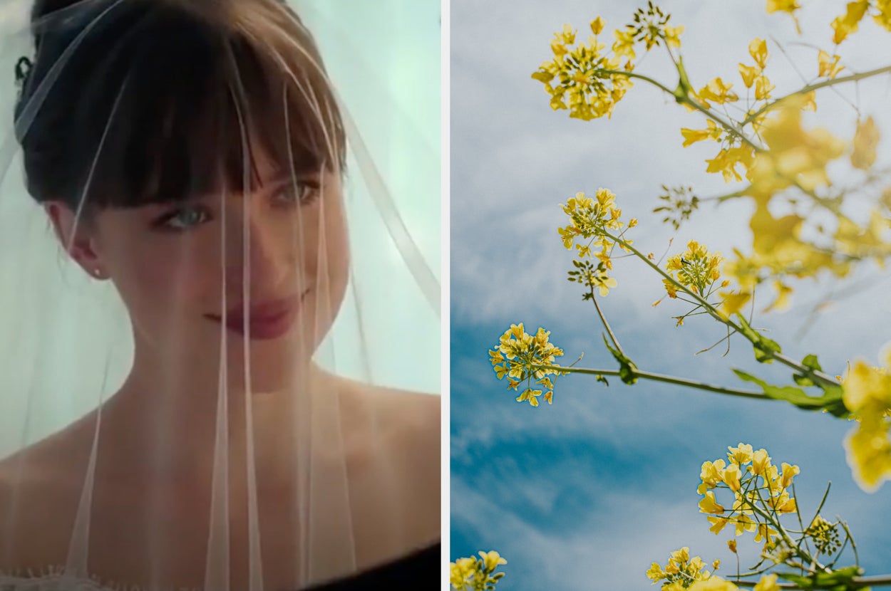 Left: Bride with veil and off-shoulder dress, smiling. Right: Yellow flowers against a blue sky