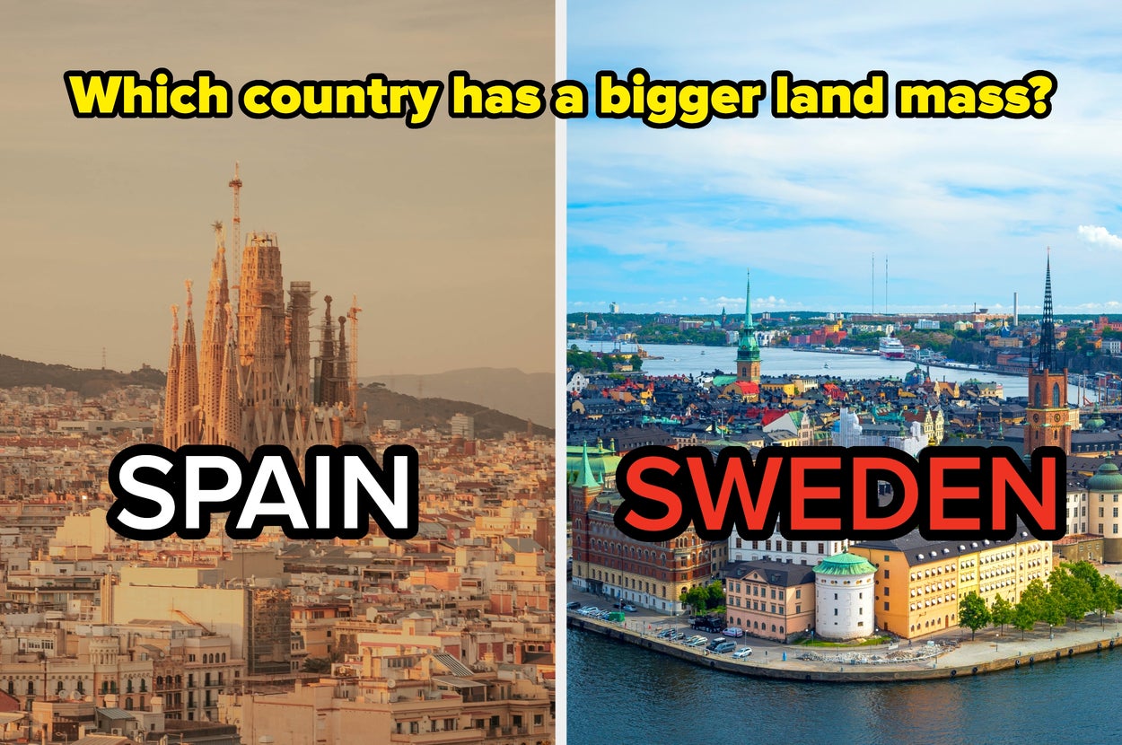 A graphic comparing Spain and Sweden's landmasses with cityscape images. Text asks which country is larger