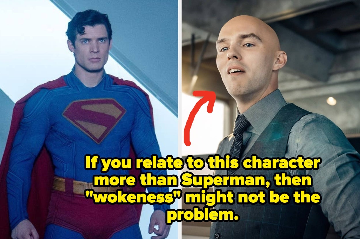 Split image: Left shows Superman in costume. Right shows a bald man in a suit with text: "If you relate to this character more than Superman, then 'wokeness' might not be the problem."
