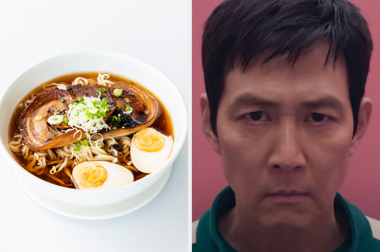 Bowl of ramen with egg and pork next to a serious-looking man