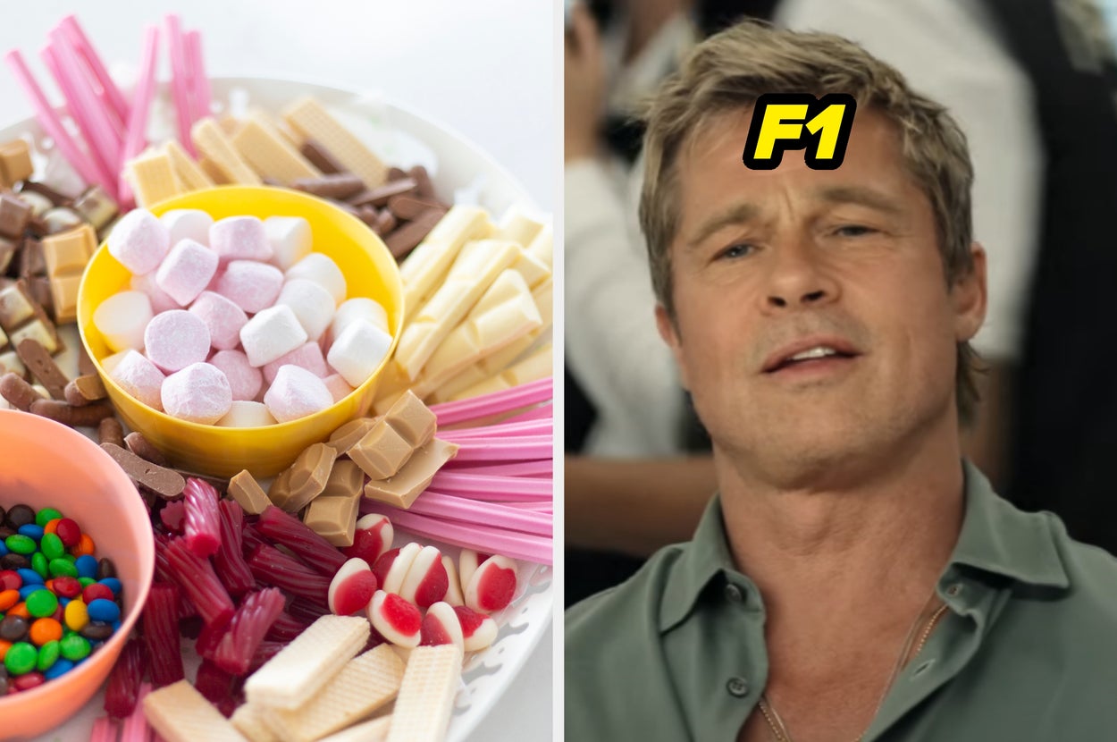 Left: A platter with marshmallows, wafer sticks, and candies. Right: Person with short hair, wearing a collared shirt, labeled "F1."